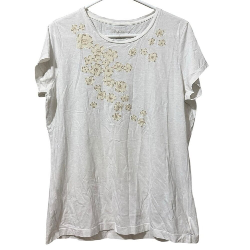 Eddie Bauer Women Size 2XL Outdoor T Shirt Round Neck Embroidered Flowers White